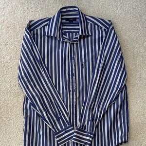 Andre Button Down Navy, White & Yellow Striped Dress Shirt-Button Collar Size L